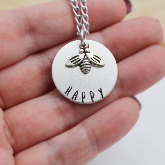 Bee Happy - Hand Stamped Pendant Necklace - Handmade & Hypoallergenic - Picture 5 of 6